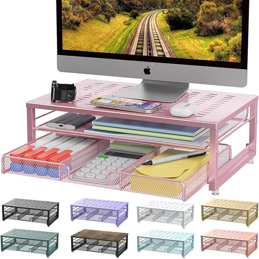 gianotter Computer Monitor Stand Riser, office organizer with Drawer, Office Organizers Storage for Classroom Office Supplies (Pink)