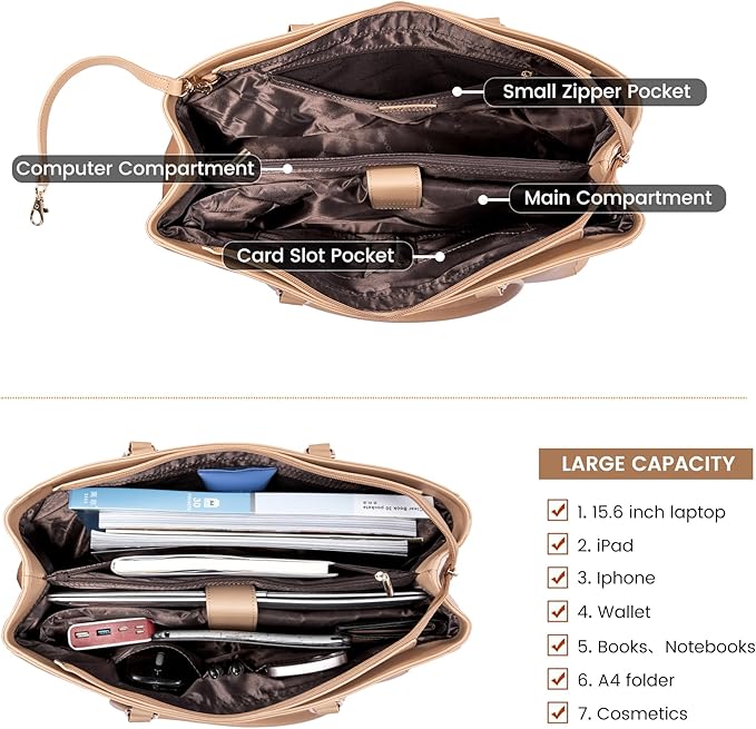 LOVEVOOK Laptop Bag for Women 15.6 Inch Tote Bags Waterproof Leather Briefcase Computer Women Business Office Work Bag,Light Khaki