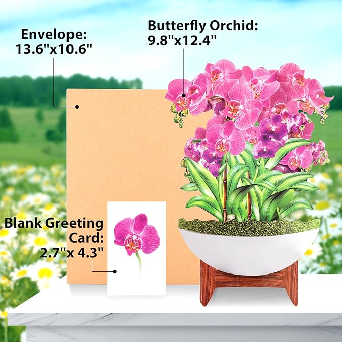 Pop Up Cards,Butterfly Orchid,12 Inch Forever Flower Bouquet 3D Popup Greeting Cards With Blank Note Card and Envelope,Perfect For Birthday, Christmas, Thanksgiving Day,Mother's Day Gifts