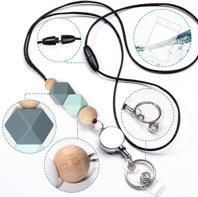 9 in 3 Sets Hexagon Retractable Lanyard for ID Badge Lanyard with ID Holder Breakaway Lanyard Badge Reel Lanyard School Silicone Beaded Lanyard Cute