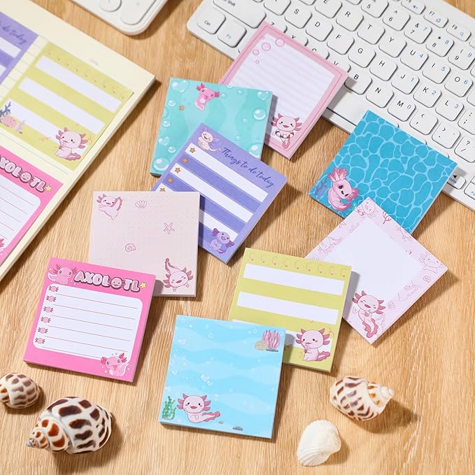 9 Pads Cute Sticky Notes Cartoon Animal Self Stick Notepads 3x3 Inches Notes Adhesive Memo Pad Office Decor Gifts for Students School Office Meeting(Axolotl)