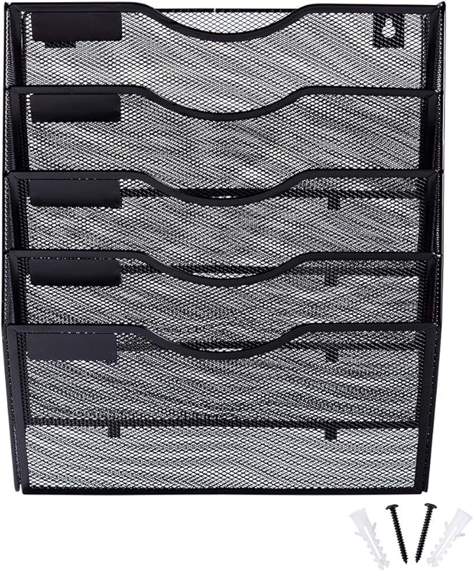 EASEPRES 5 Pocket Mesh Hanging Wall File Organizer, Wall Mounted Mail Paper Document Folder Holder, Clipboard Storage Organization Magazine Rack with Nametag Label for Office Home School, Black