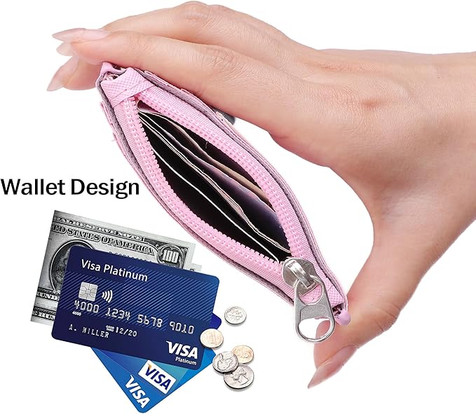 Cute ID Badge Holder Retractable Lanyard Reel Clip with Heavy Duty Carabiner, 5 Card Slots in 2 Sided with Key Ring and Zipper for Students Teens Boys Girls Office Staff Women (Pink Bear)