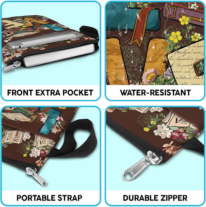 Book Cover With Zipper and Front Pocket - Sleeve Gift for Book Lovers and Librarians - Washable Fabric 11 X 8.5 Inch Padded Protector Pouch