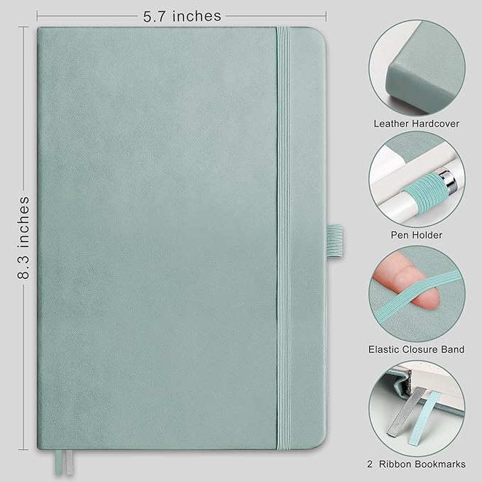 RETTACY Journaling Notebooks, A5 Lined Notebook Journal with 320 Numbered Pages, 5.7'' × 8.3'', Medium Size, Journal Notebook for Writing, Work, Leather Hardcover, 100 GSM Thick Paper (Blue-gray)
