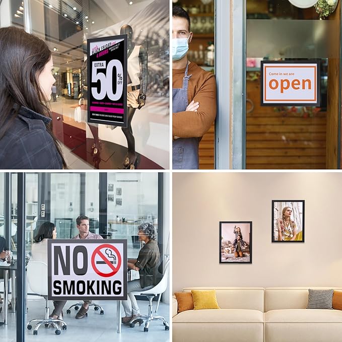 8Pack Magnetic Sign Holder 8.5 x 11 Wall Mount, Self Adhesive Display Magnetic Picture Frames Sheet With Strong Magnet Border for Window/Door/Fridge, Document Poster Paper Holders for Home Office Store, Black