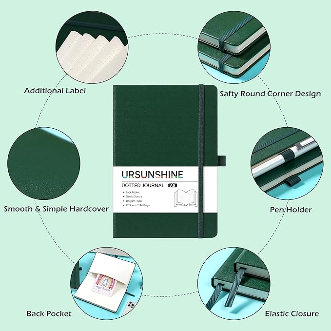 Dotted Journal/Notebook - Dot Grid Hard Cover Notebook, Premium Thick Paper with Fine Inner Pocket, Black Smooth Faux Leather, Pen Loop, 5.3'' x 8.26'' - Turquoise