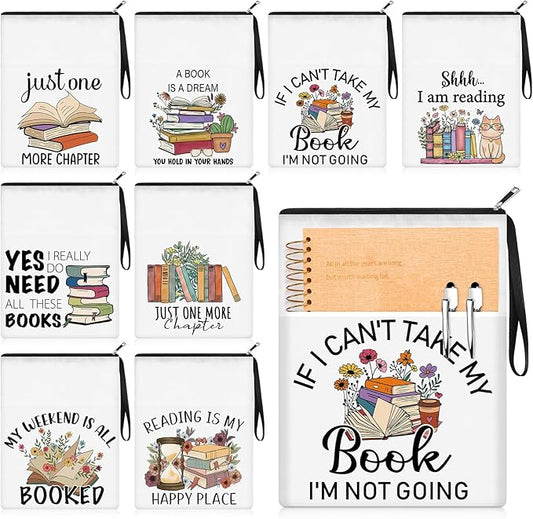 8 Pcs Christmas Book Club Gifts Book Lovers Sleeves Bulk with Zipper and Pocket Book Sleeve Pouch for Book Lovers Librarian Bookish Club Gifts, 11 x 8.7 Inch(Book,Flower)