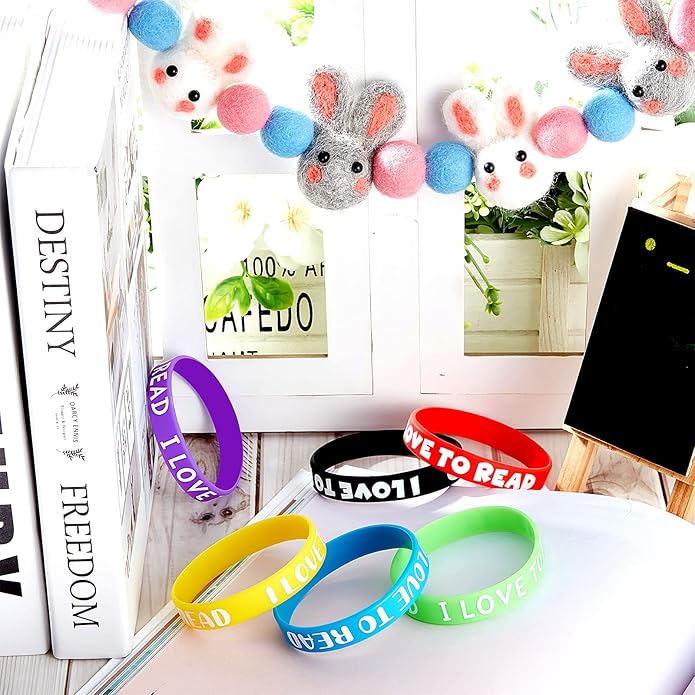 WILLBOND I Love to Read Rubber Bracelets Motivational Rubber Wristband Colorful Silicone Wristbands Bracelets for Classroom Rewards Teacher Award School Home Decoration Party Favors