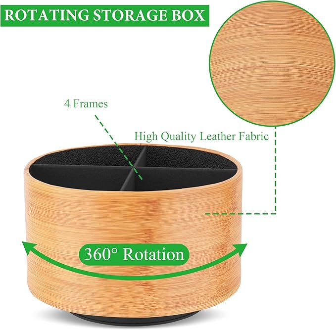 Hennaja Round Leather Art Supply Organizer,Remote Control Holder,360 Degree Spinning,Multi-Functional Pencil Holder,4 Compartments Desktop Stationary Organizer(1-Beige2)