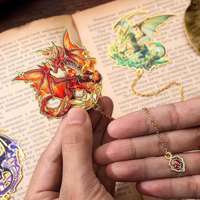Fantasy Fourth Wings Dragon Bookmarks -4 Designs: Fire Red,Ice Blue,Thunder Purple,Forest Green-Unique Cool Metal Book Marks for Men Women, Inspirational Gift for Kid, Readers, Book Lovers, Collectors