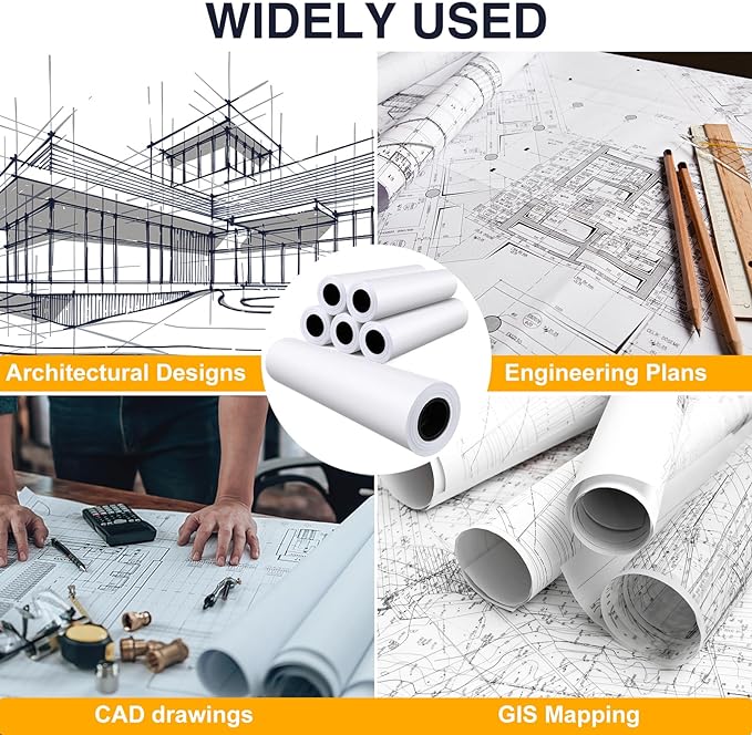 VOISEN Wide Format Paper,4 Rolls Plotter Paper 36 In x 150 Ft, 20lb CAD Bond Rolls on 2" Core for CAD Printing on Wide Format Ink Jet Printers