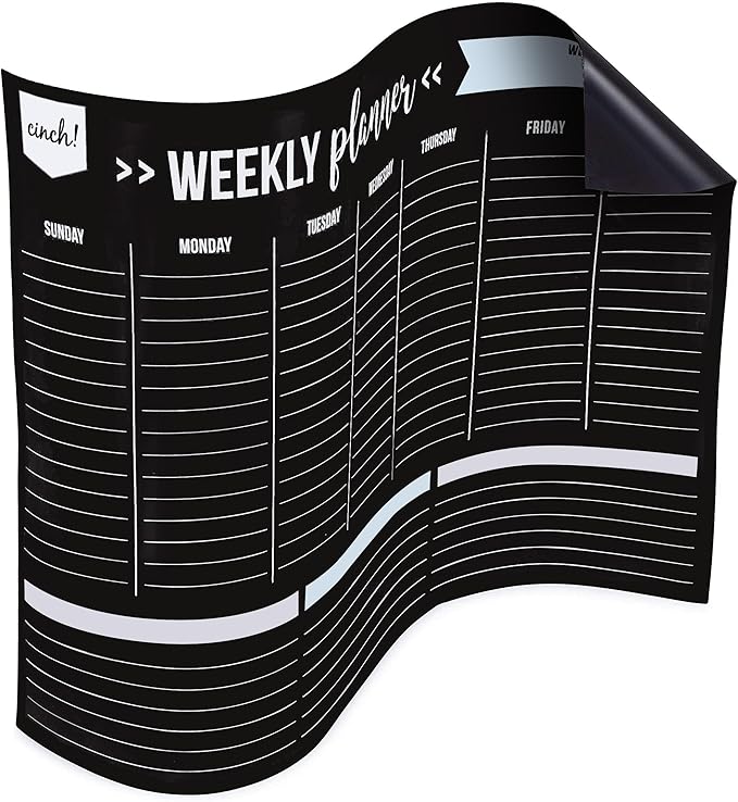 Cinch! 17x12-Inch Magnetic Dry Erase Weekly Planner for Fridge - Black Weekly Calendar Board with 4 Fine Tip Markers and Large Eraser - Magnetic Fridge Organizer, Meal Planning, and Dry Erase Board