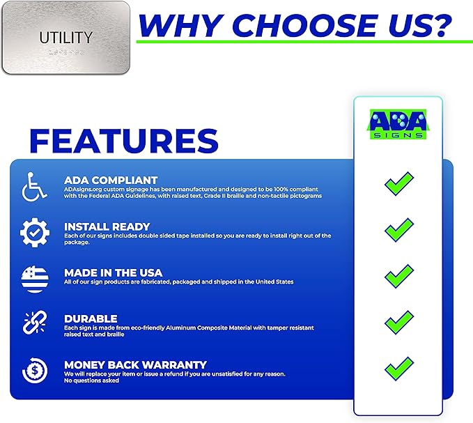 Utility Room Sign for Business - Office Signs, Aluminum Brushed Silver, Tamper-Proof, Heavy Duty Mounting Tape, Easy Install, Office Décor, ADA Compliant, Grade 2 Braille (7” W x 4” H) ADASigns.org