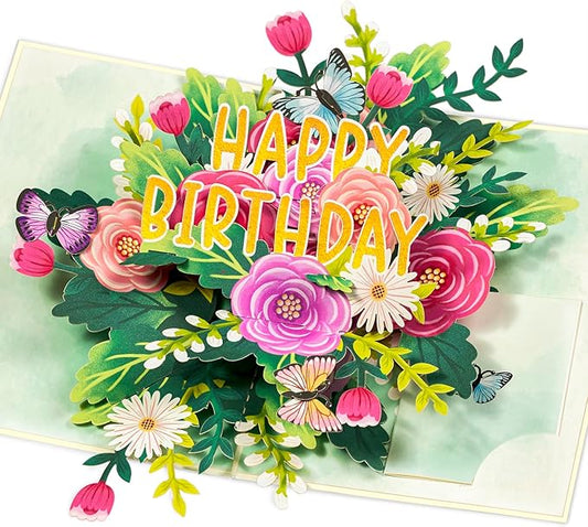 Happy Birthday Pop Up Card, Flowers and Butterflies, Floral 3D Greeting Card, Gift for Mom, Sister, Women, Grandma, Stepmother, Aunt, Daughter, 5x7 - Includes Envelope And Message Note