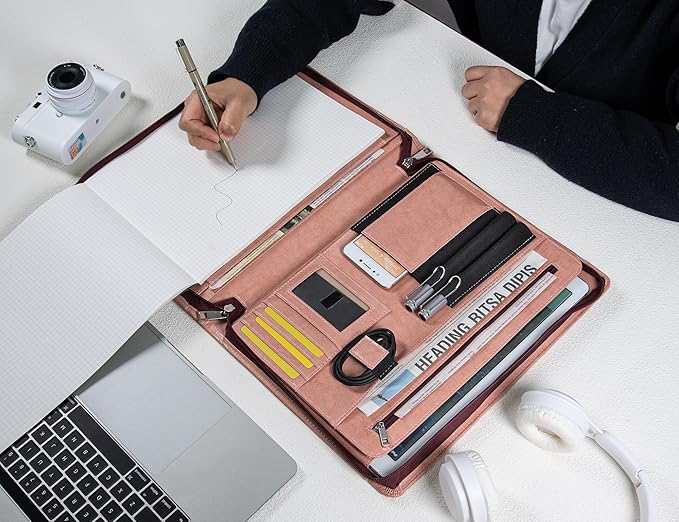 Free Name Engrave, Custom Vegan Leather Portfolio for Women, Personalized Business Padfolio with A4/US Letter Writing Pad Holder, Portfolio Folder for Girlfriend, Wife, Daughter, Customized, Pink