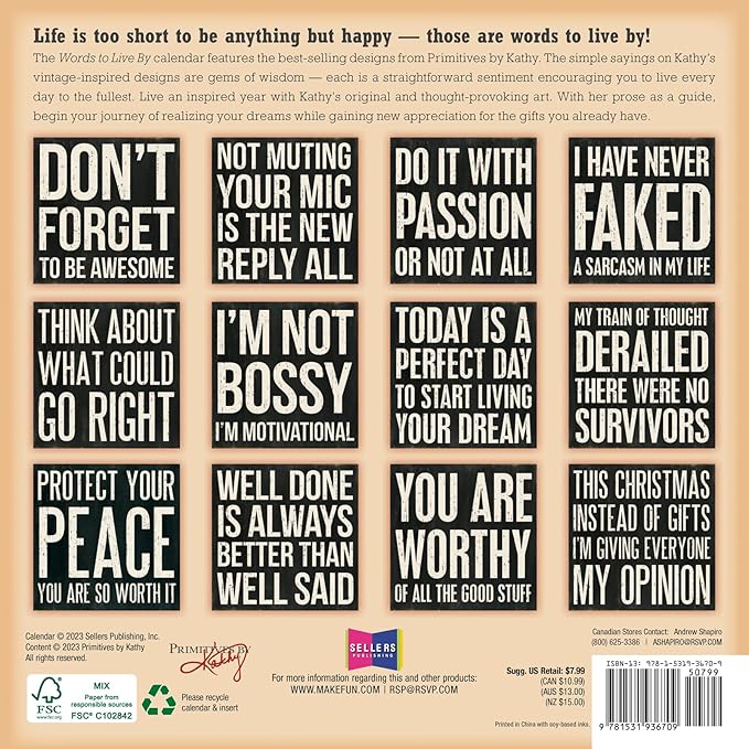 Words to Live By 2024 Mini Calendar — Primitives by Kathy, 7" x 7"