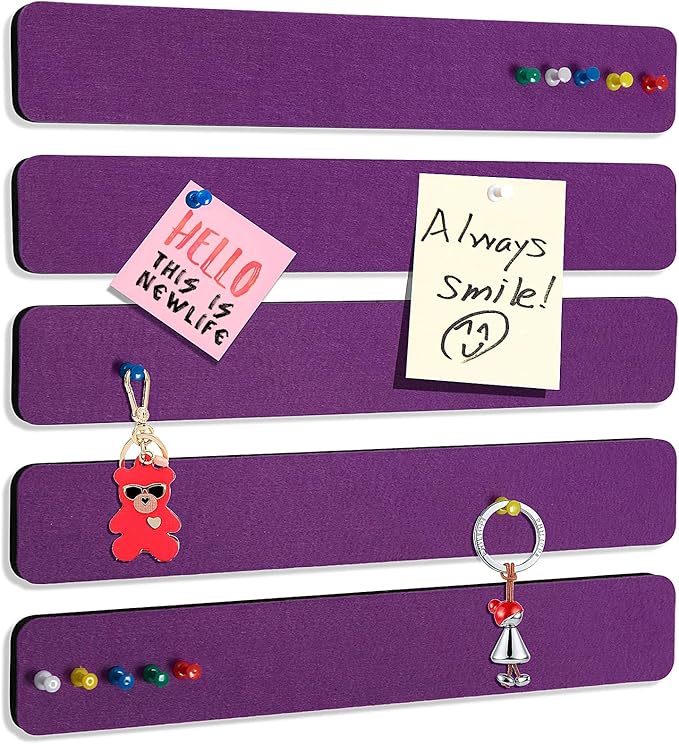 Felt Pin Board Bar Strips Bulletin Board for Bedrooms Offices Home Wall Decoration, Notice Board Self Adhesive Cork Board with 35 Push Pins for Paste Notes, Photos, Schedules (Purple)