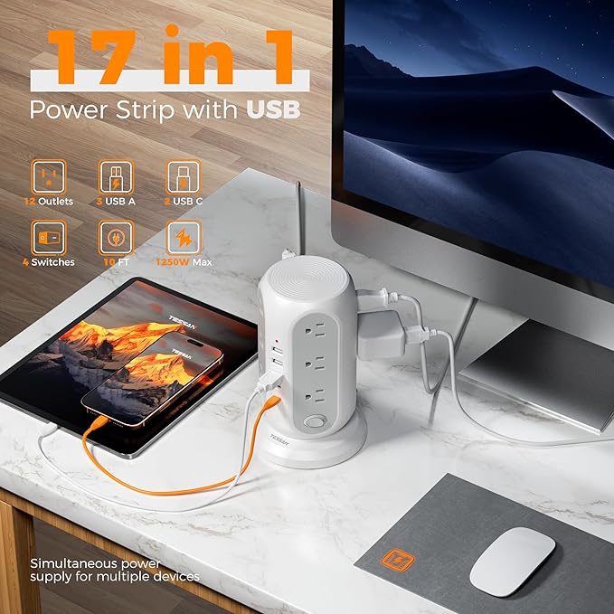 Tower Power Strip with Individual Switches, TESSAN Surge Protector with 12 Outlets, 5 USB Ports(2 USB C), Flat Extension Cord 10 Ft, Flat Plug, Charging Station for Multiple Devices, for Office, Dorm
