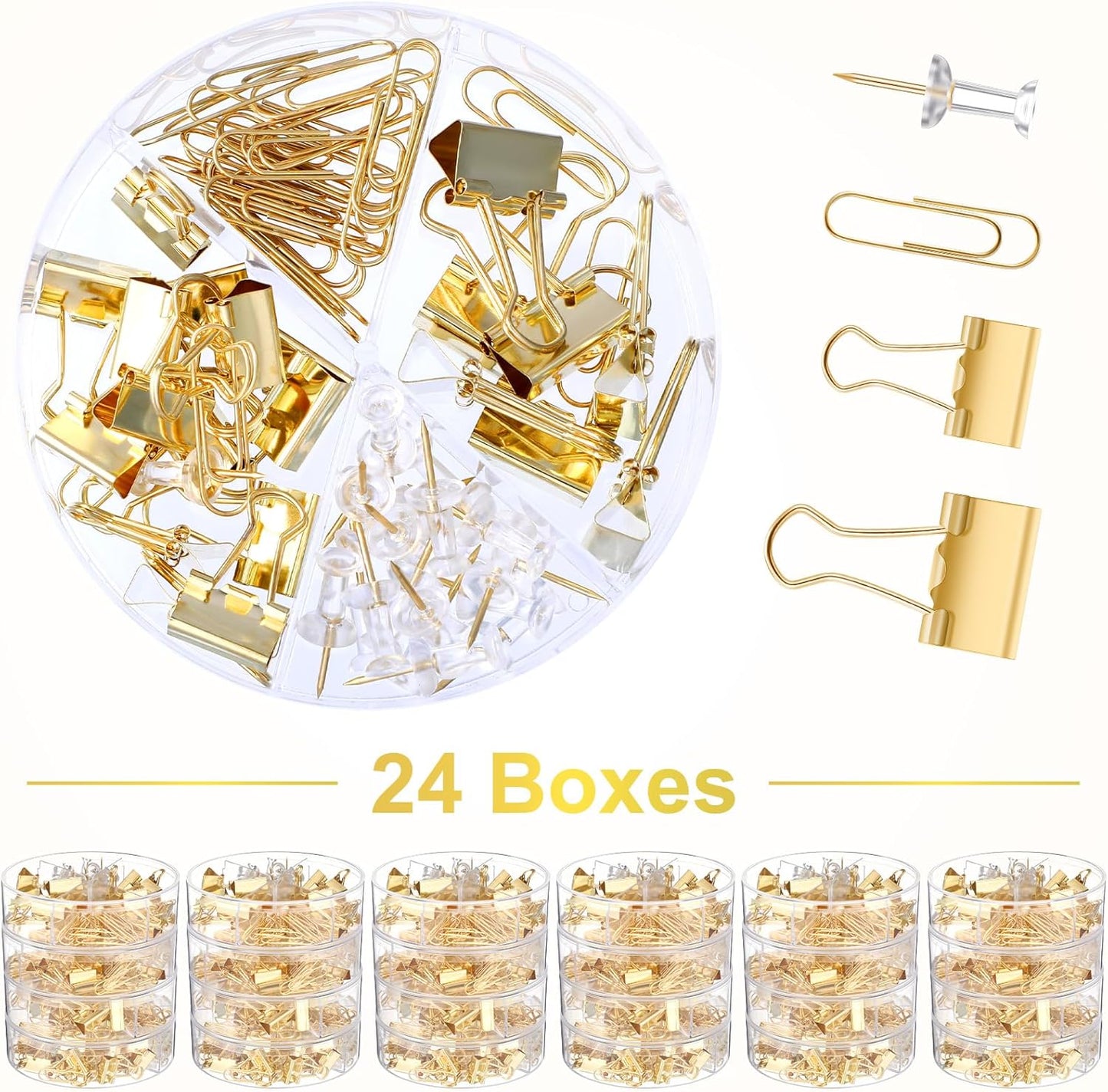 1560 Pcs Paper Clips and Binder Clips Assorted Sizes, Large Medium Small Binder Clip Paperclips Thumb Tacks, College Supplies Home Office Supplies Document Organizing(Gold)