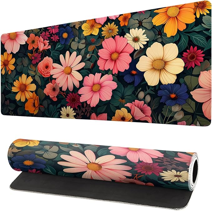 Gaming Mouse Pad Desk Pad,Extended Big Mouse Pad,31.5x11.8 Inch Long Computer Keyboard Mouse Mat Mousepad with 3mm Non-Slip Base and Stitched Edge for Gaming and Office… (Pink Flower)