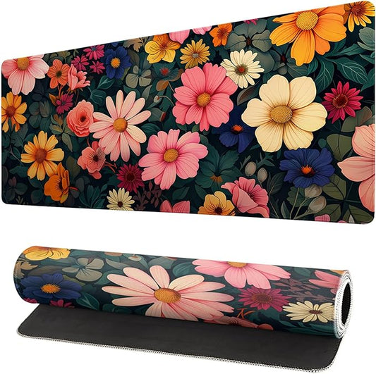 Gaming Mouse Pad Desk Pad,Extended Big Mouse Pad,31.5x11.8 Inch Long Computer Keyboard Mouse Mat Mousepad with 3mm Non-Slip Base and Stitched Edge for Gaming and Office… (Pink Flower)