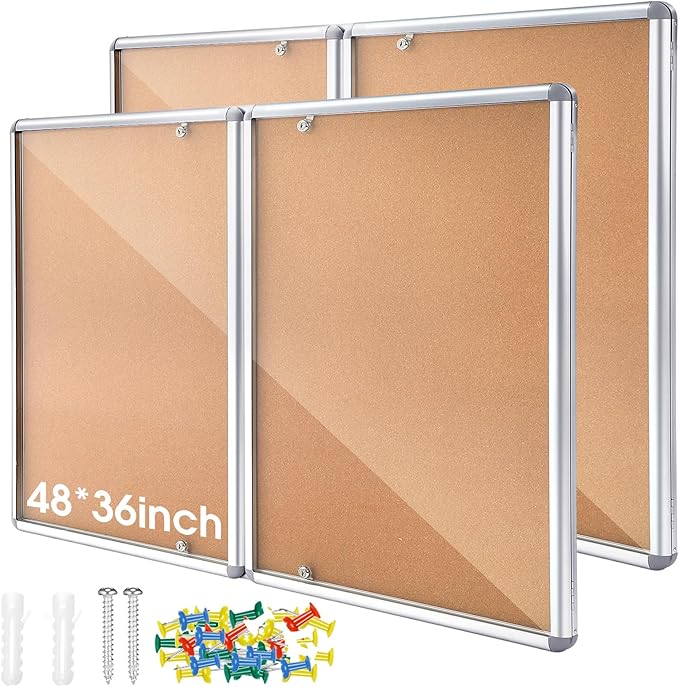 2 Pack Enclosed Bulletin Board 48" x 36" Weather Resistant Lockable Enclosed Cork Case Display Noticeboard Wall Mounted 2 Locking Door Aluminum Frame for School Classroom Office, 12xa4, Brown