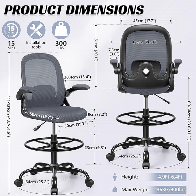 Drafting Chair, Tall Office Chair Ergonomic Standing Desk Chair,with Adjustable Footrest Ring, 3D Lumbar Support, Flip-up Armrests, Swivel Desk Stool for Drawing Working (Dark Gray)