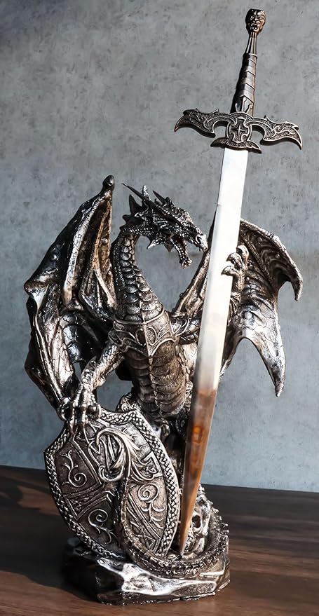 Ebros Gift Legendary Silver Coat of Arms Knight Dragon Holding Heraldry Plague Shield and Druid Sword Letter Opener Figurine Home and Office Decorative Sculpture Medieval Dungeons and Dragons Fantasy