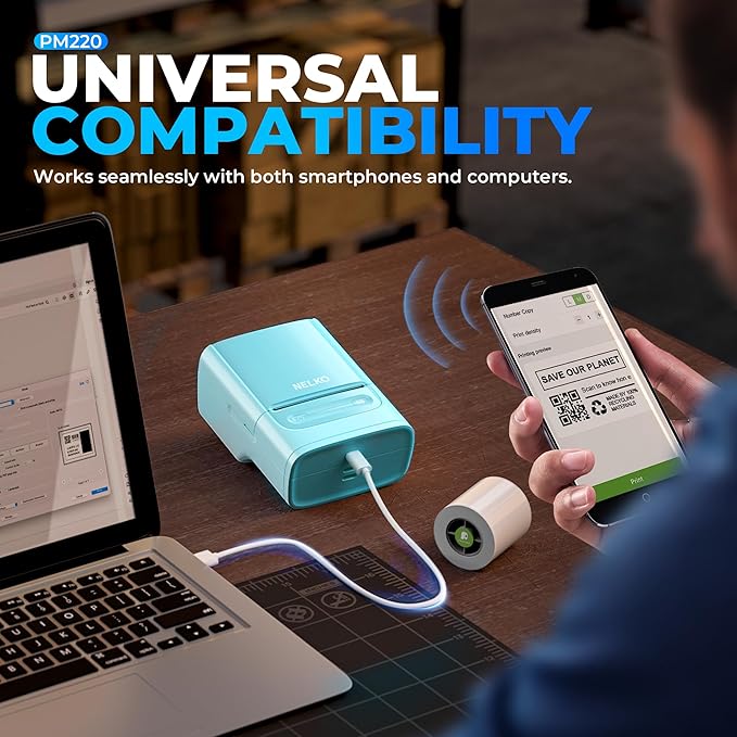 Nelko PM220 Bluetooth Label Maker Machine with Tape, 2 Inch Portable Thermal Printer for Small Business, Address, Logo, Clothing, Sticker Printer for Phones & PC, Cyan