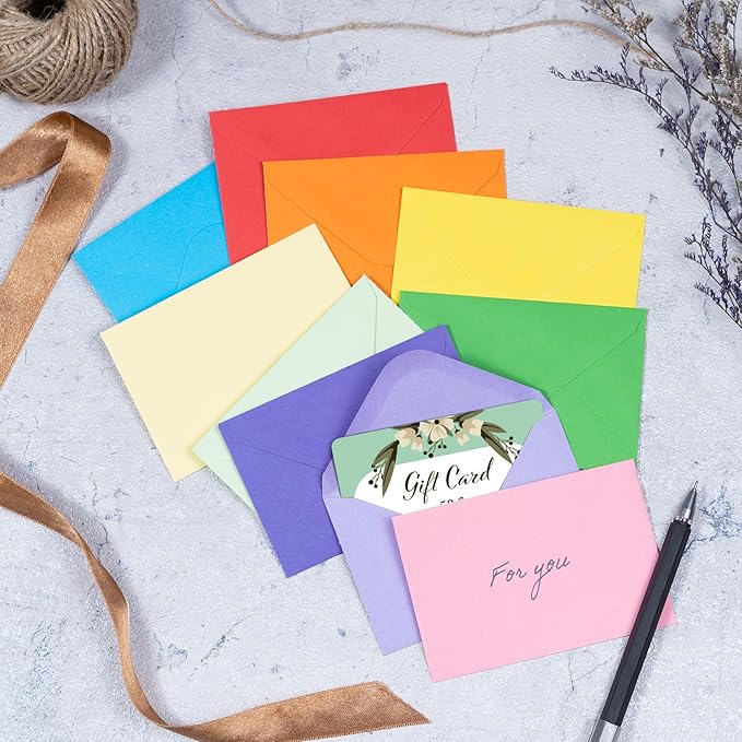 Gift Card Envelopes - Gummed 100-Count Mini Envelopes, Paper Business Card Envelopes, Bulk Tiny Envelope Pockets for Small Note Cards, 10 Colors, 4 x 2.7 Inches