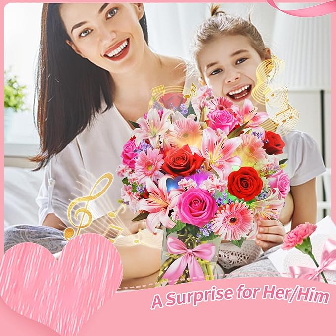 XTF2015 Paper Pop Up Bouquet Birthday Cards, Mother's Day Flower Cards, Anniversary Greeting Cards Flower Bouquet Card with Music and Lights Pink Lily Daisy, Holiday Mother's Day Birthday Decoration Gift Card