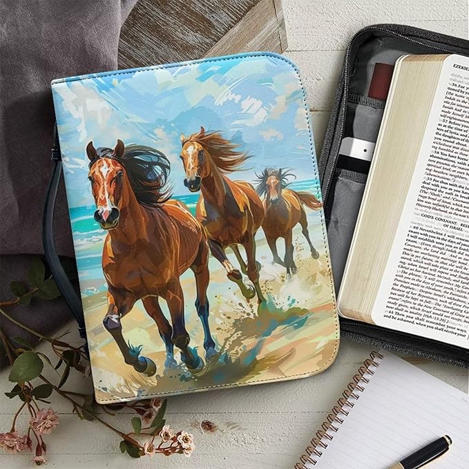 Lotusorchid Watercolor Horse Printed Bible Covers for Women Men PU Leather Bible Case Bible Bag Tote Book Carrying Case Christian Bible Accessories