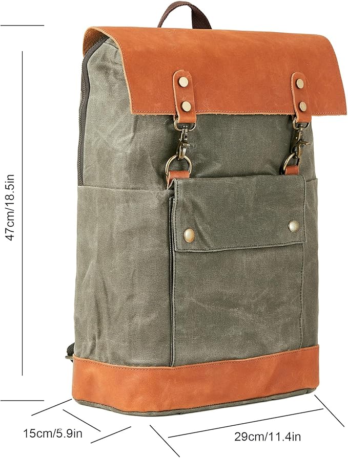 Vintage Waterproof Waxed Canvas Leather Backpack for Men Women 15.6" laptop Travel Rucksack