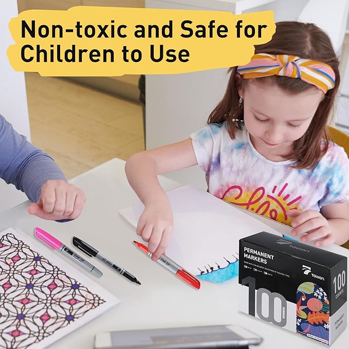 TOWON 100 Pack Permanent Markers Bulk - 50 Assorted Colors + 50 Black Waterproof Quick Drying Colored Pens Set for Classroom Home Office School Supplies, Adults Coloring Marking