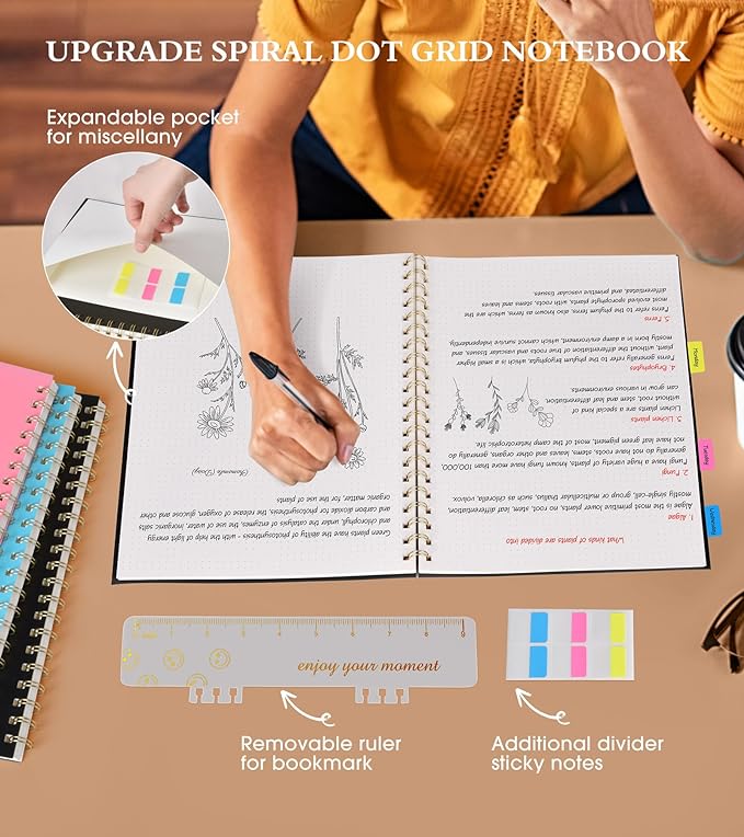 Dotted Notebook, Spiral Notebook Journal 8.5” x 11”, A4 Large Dot Grid Notebooks for Women Men, 100 GSM Dotted Paper, Plastic Hardcover Spiral Bullet Dotted Journals for Work School Sketching, Black