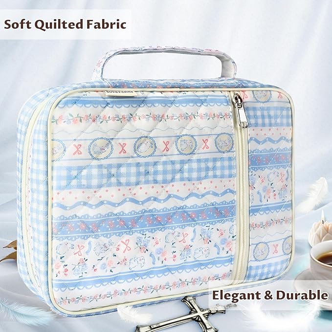 shirabags Quilted Bible Cover Case for Women - Elegant Cotton Bible Bag Bible Book Cover for Study, Church, Christian Gifts for Women(Blue Rabbit, M)