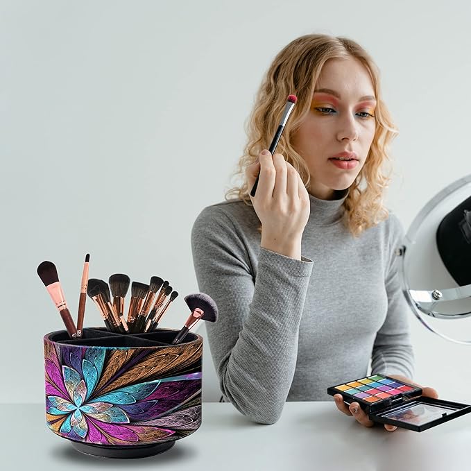 Remote Control Holder Round Leather Art Supply Organizer, PU Leather Pencil Stationery Desk Storage Makeup Organizer for Heater Controllers TV Remotes, 4 Compartments, 360 Degree Spinning