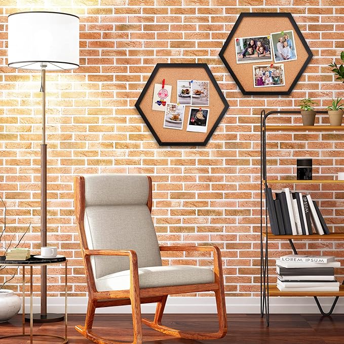 EVNEED 4 Pack Cork Bulletin Board Hexagon, Small Framed Corkboard Tiles for Wall, Thick Decorative Display Boards for Home School Office Decor, Hex Cork Board with 16 Push Pin Wood Clips,Black