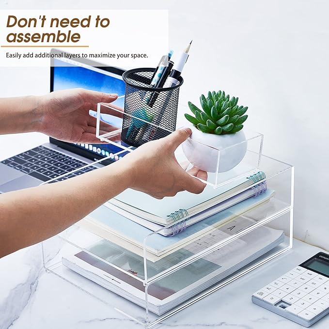 Yulejo Stackable Acrylic Paper Tray Clear Acrylic Desk Organizer Letter Size Paper File Tray for Office Document Workspace Desktop (5 Tier)