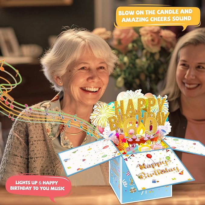Tnvee 60TH Birthday Cards with Lights & Music & Candle, 3D Pop Up Singing Happy Birthday Greeting Cards Gfits for 60 Years Old Women Man Mom Dad Grandma Grandfa