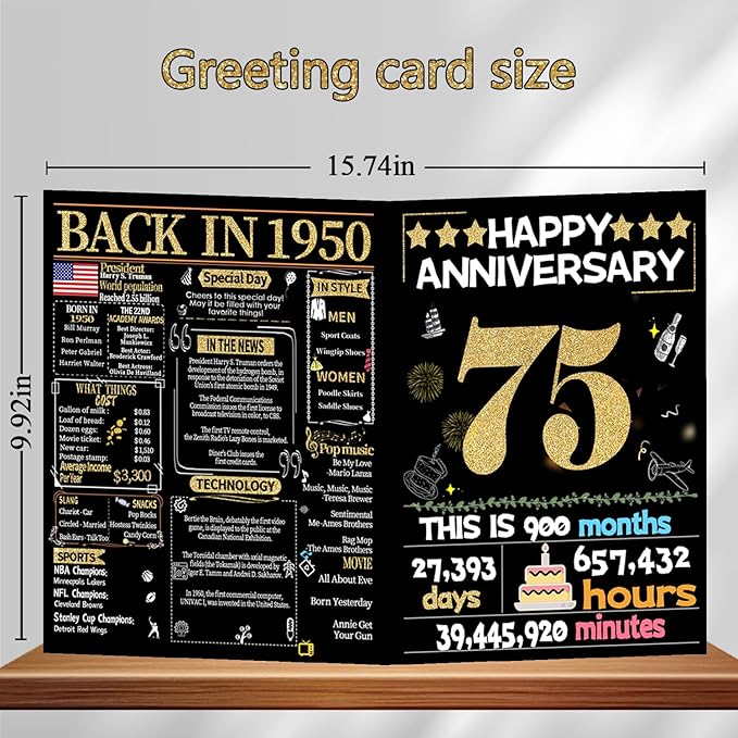 Joycard 75th Anniversary Card for Women Men, Gold Wedding Card for Wife Husband, Sweet Marriage Decorations Gifts for Couple, Perfect for Her Him on Anniversary Day, Back in 1950