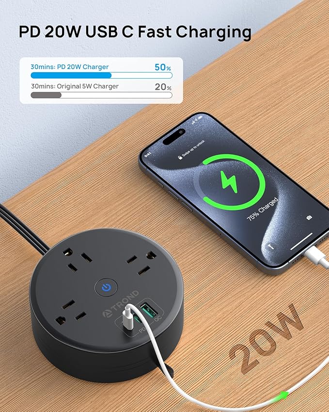 TROND 20W USB C Travel Power Strip - Retractable Extension Cord 5ft Ultra Thin Flat Plug, Power Strip with 3 AC Outlets and USB C Fast Charging, Cruise Ship Essentials, for Home Hotel Dorm Room, Black