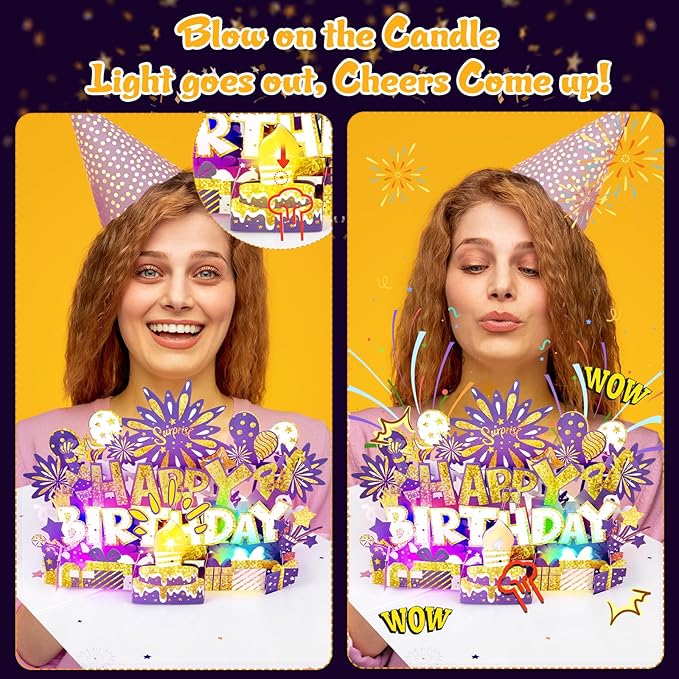 Birthday Card | Musical Pop Up Greeting Card w Light | Blow Out LED Light Candle & Play Happy Birthday Music Pop Up Card | Greeting Cards Gifts for Him or Her | Purple Gold (Blowable Candle)