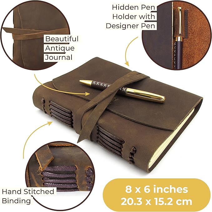 Sovereign-Gear Leather Bound Journal for Men and Women, A5 Handmade Journal Gift Set with Antique Notebook and Stylish Pen, Vintage and Classic, Sketchbook, Planner and Diary (300 Pages) (8x6)