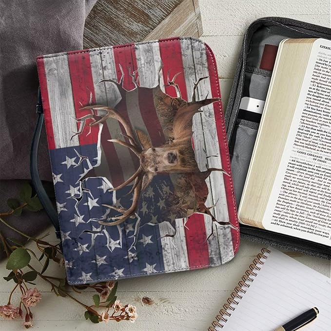 Lotusorchid Reindeer Bible Cover Case, Zippered Bible Carrying Case for Women Girls, Portable American Flag Bible Tote Bag Sturdy Bible Book Cover for Bible Study, Christian Bible Accessories,XL
