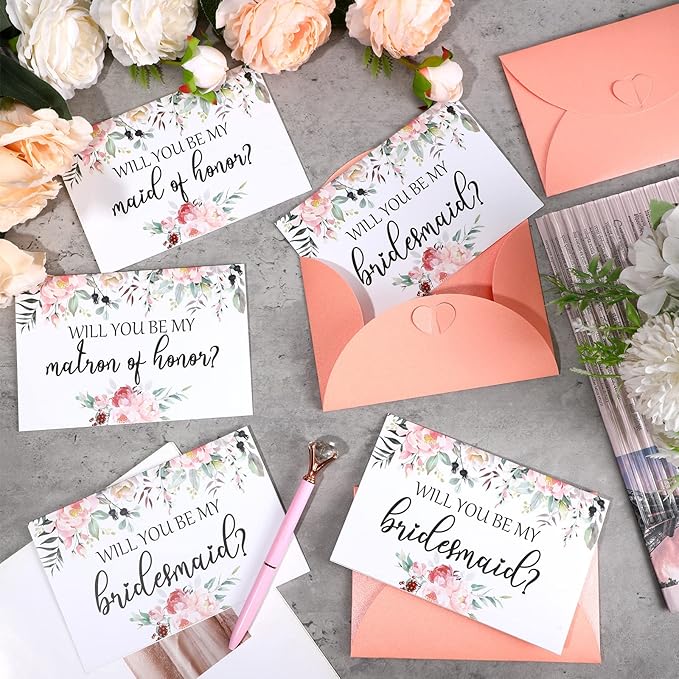 Spakon 16 Pcs Will You Be My Bridesmaid Cards with Envelopes Watercolor Greenery Floral Bridal Proposal Maid of Honor Matron of Honor Invited Favor for Bridal Shower Wedding (Flower)