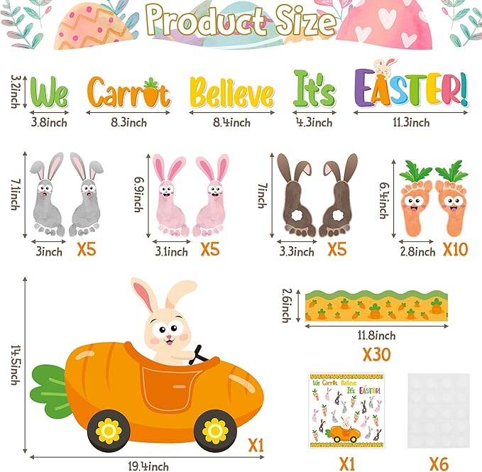 B1ykin 88Pcs Easter Footprint Carrot Bunny Bulletin Board Decoration, We Carrot Believe It’s Easter Cutout with Border Trim, Carrot Car Rabbit Footprints Supply for Kindergarten Preschool Chalkboard