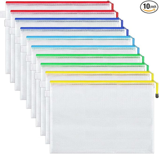 JARLINK 10 Pcs A3 Mesh Zipper Document Pouch, 10 Colors, Waterproof Plastic File Pouches for Organizing School and Office Supplies, Cosmetics, Travel Accessories