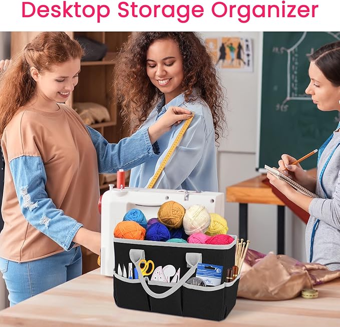 Godery Desktop Tote and Organizer, Teacher Helper Bag for Arts, Books, Stationery, Office Desk Organization, Make-up Storage with Handles for Travel (BLACK-2)